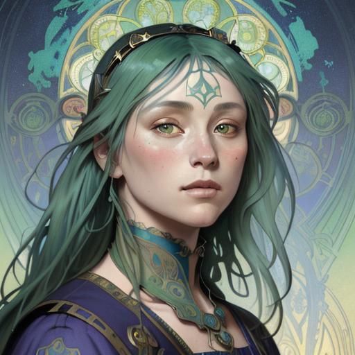 Art Nouveau Lady with Green and Blue Hair