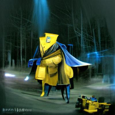 Damaged Robot Sensei in Blue Cloak Concept Art