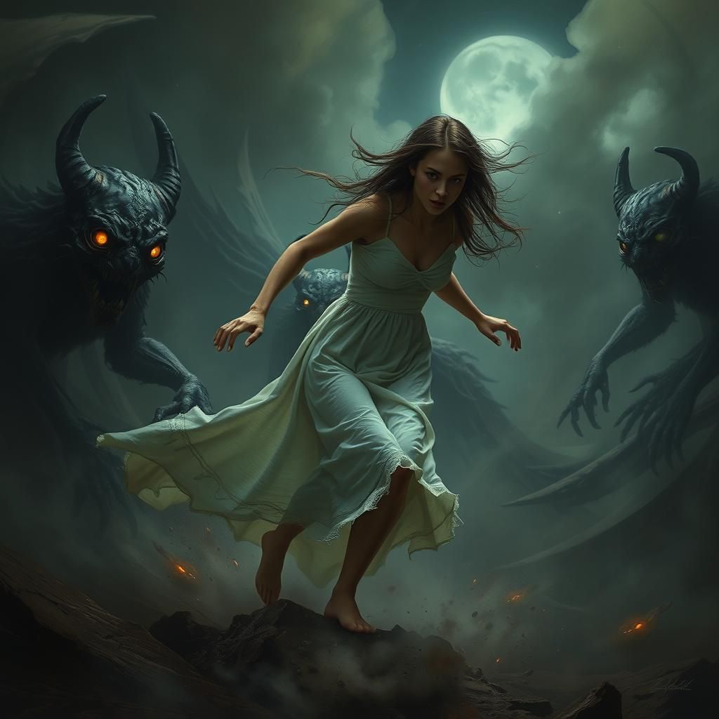 Nightmare Chase: Woman in Dark Fantasy Dreamscape
