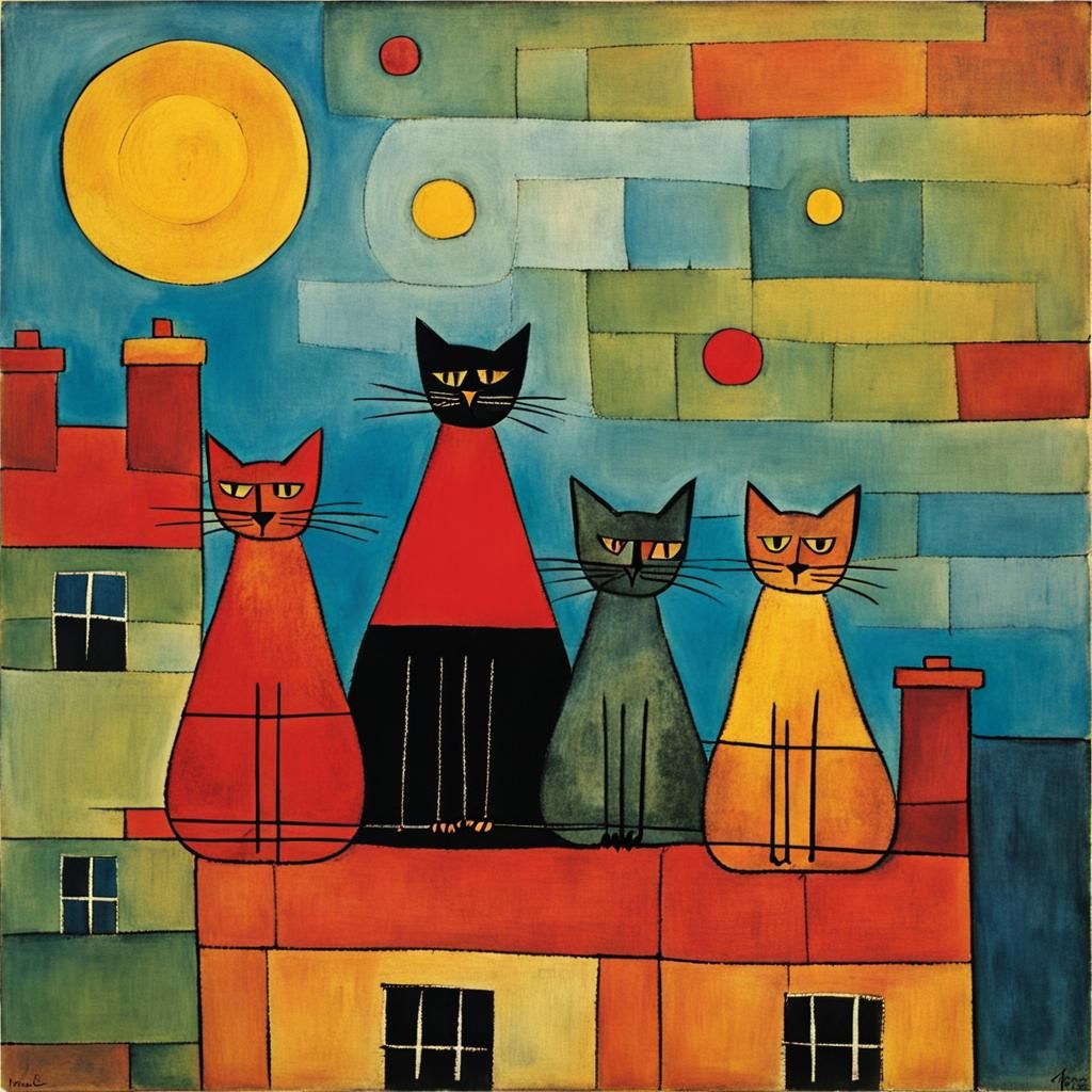 Cats on a Roof: A Paul Klee Inspired Scene