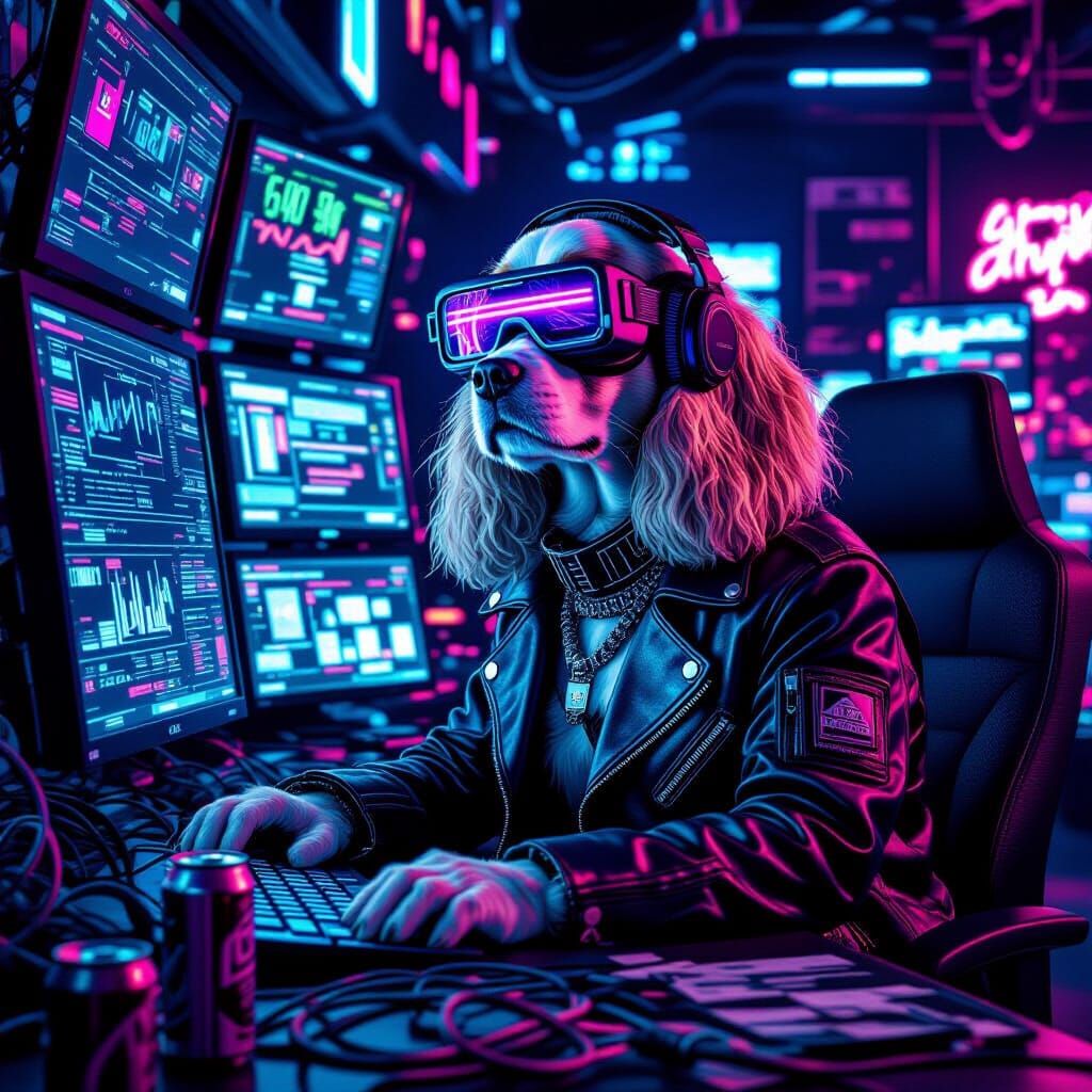 Cyberpunk Cocker Spaniel Hacker in Neon-Lit Tech Room