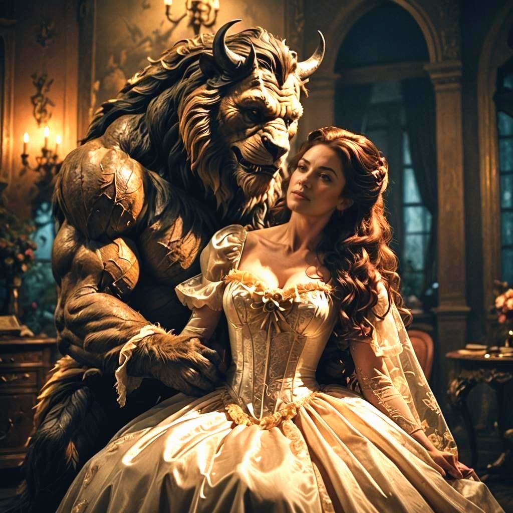 Belle and Beast Embrace: A Cinematic Film Still