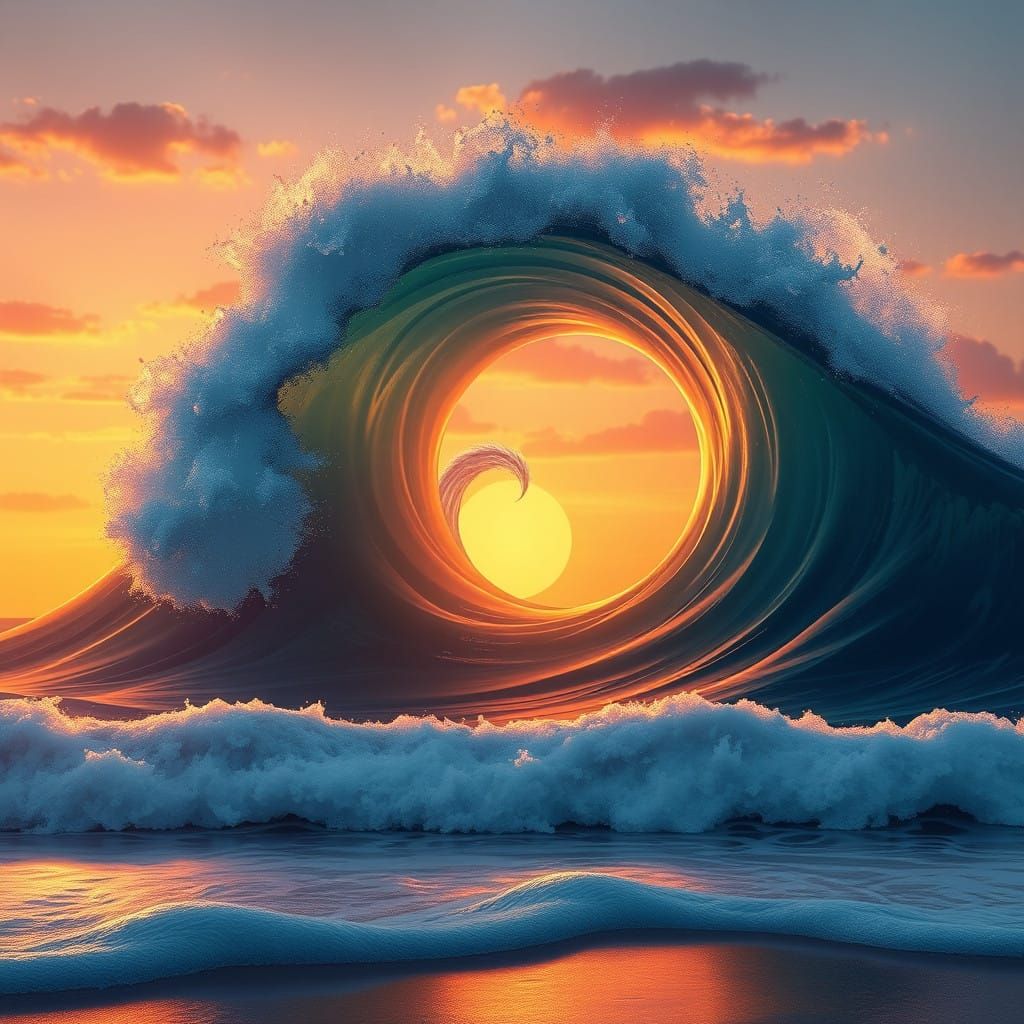 Surreal Sunset Beach Scene with Whimsical Circle Wave