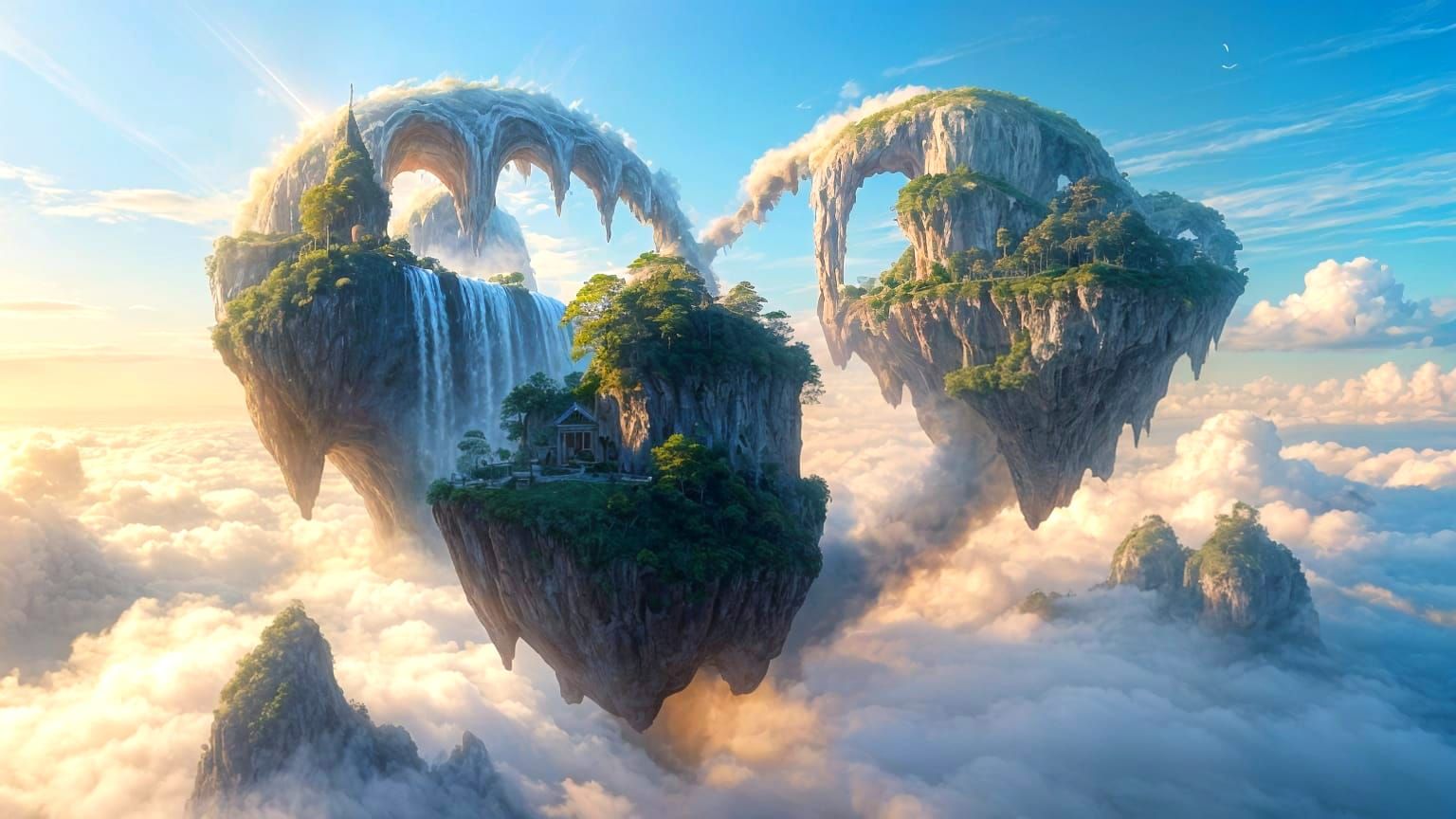 Heart-Shaped Floating Worlds Above Clouds in Impressionist S...