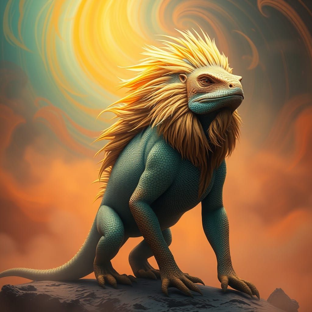 Lion-Iguana Hybrid in Vibrant Dreamlike Realm