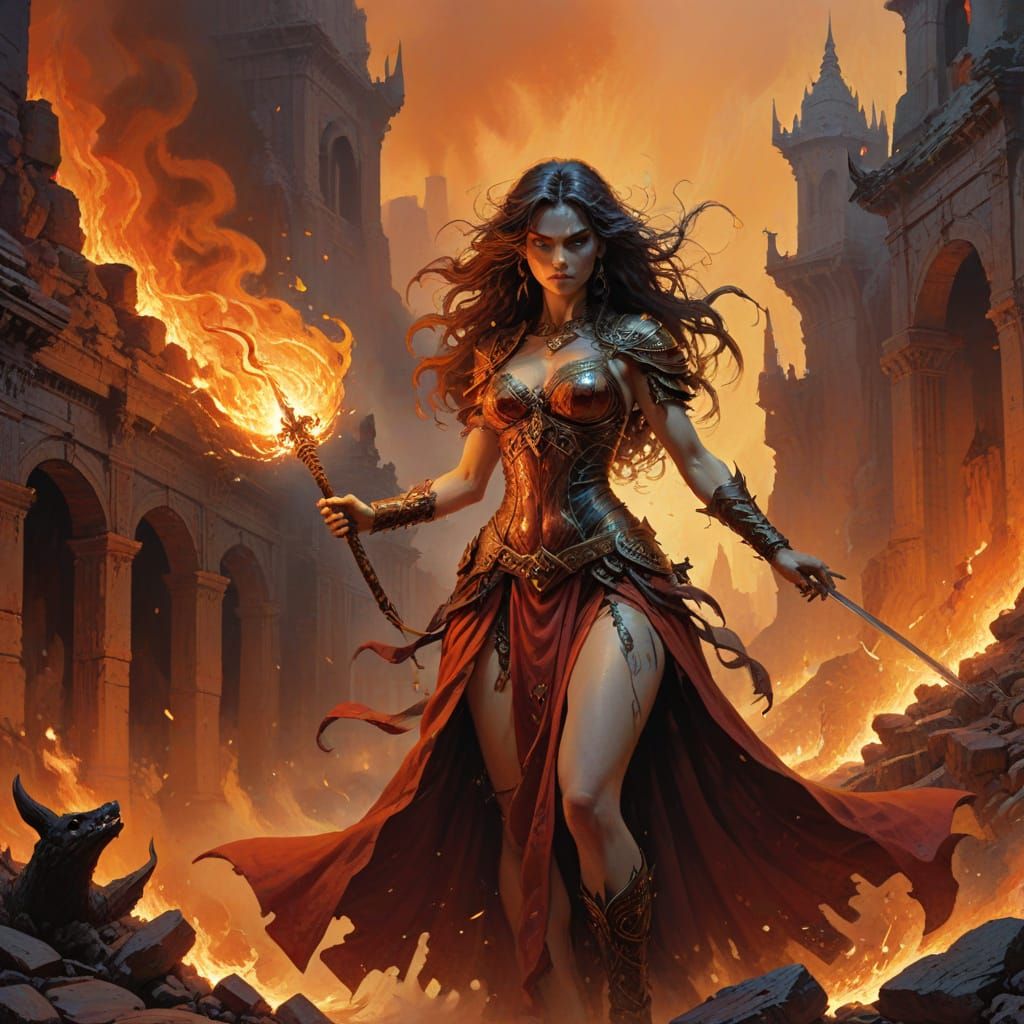 Mystical Sorceress Unleashes Blazing Fury on Twisted Demons