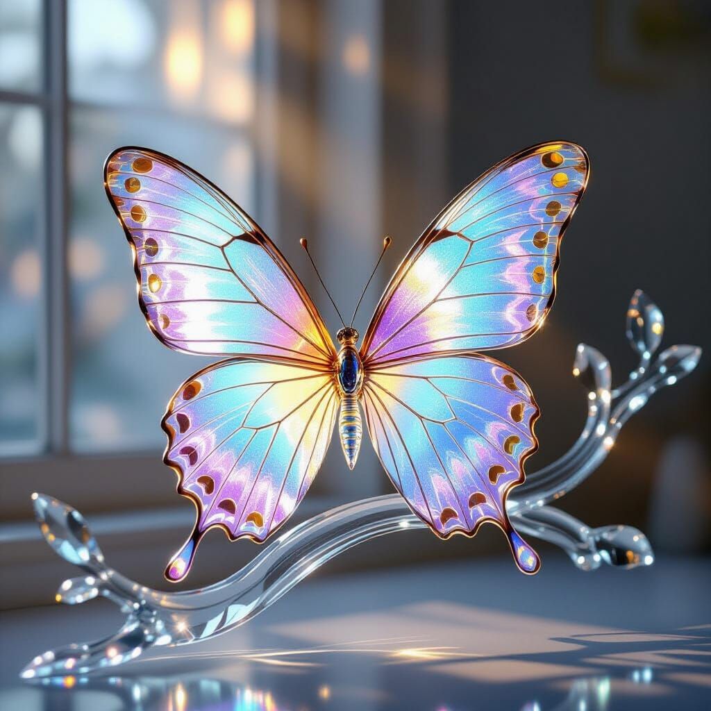 Opalescent Glass Butterfly on Crystal Branch