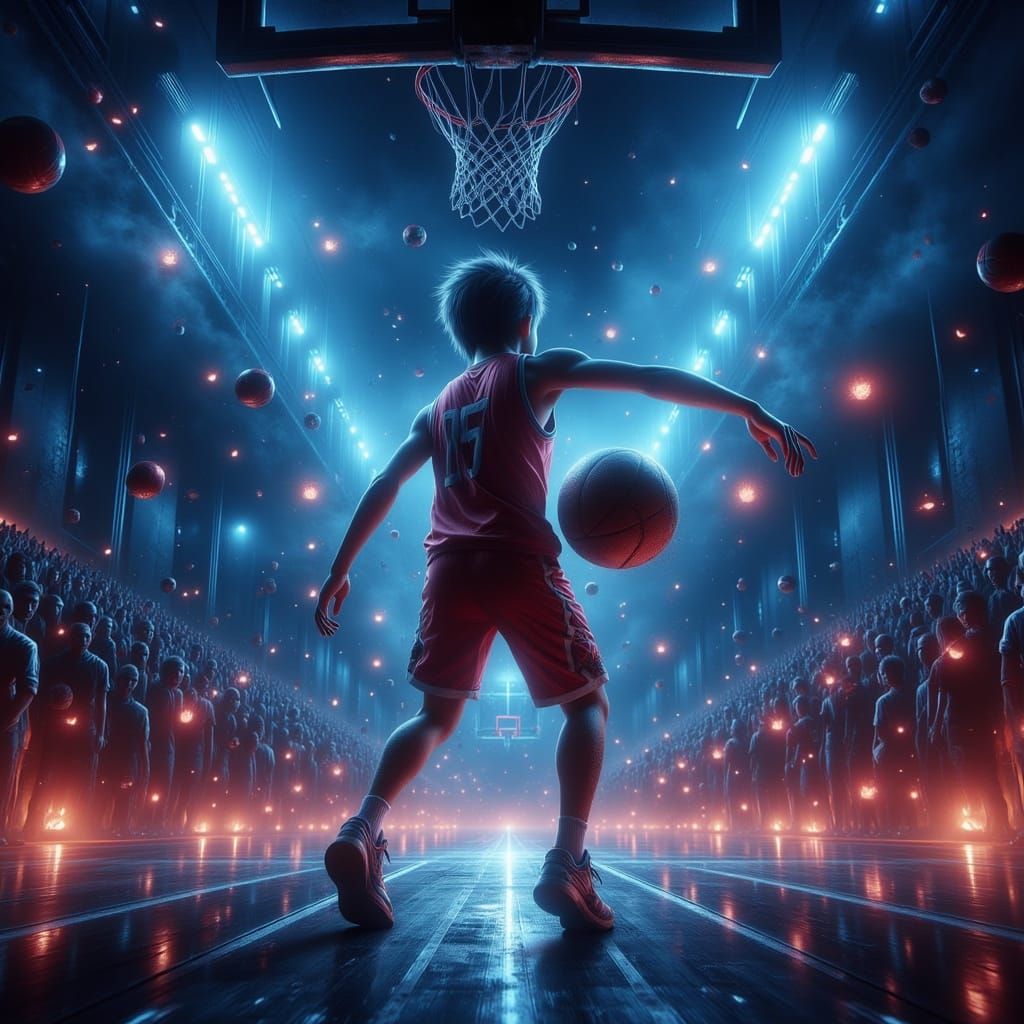Basketball Kid in Stadium, Vibrant Digital Illustration