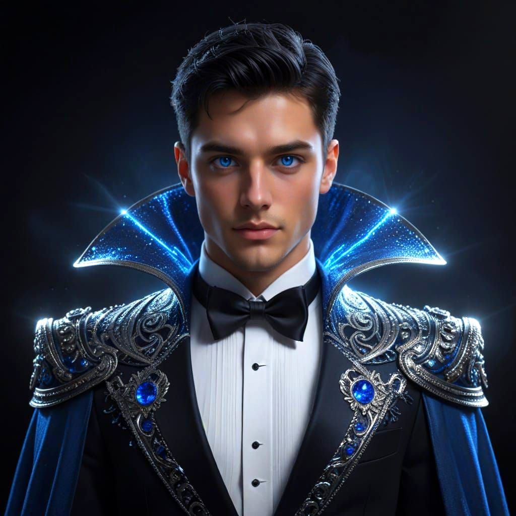 Ethereal Mage in Opulent Tuxedo with Midnight Blue Cape