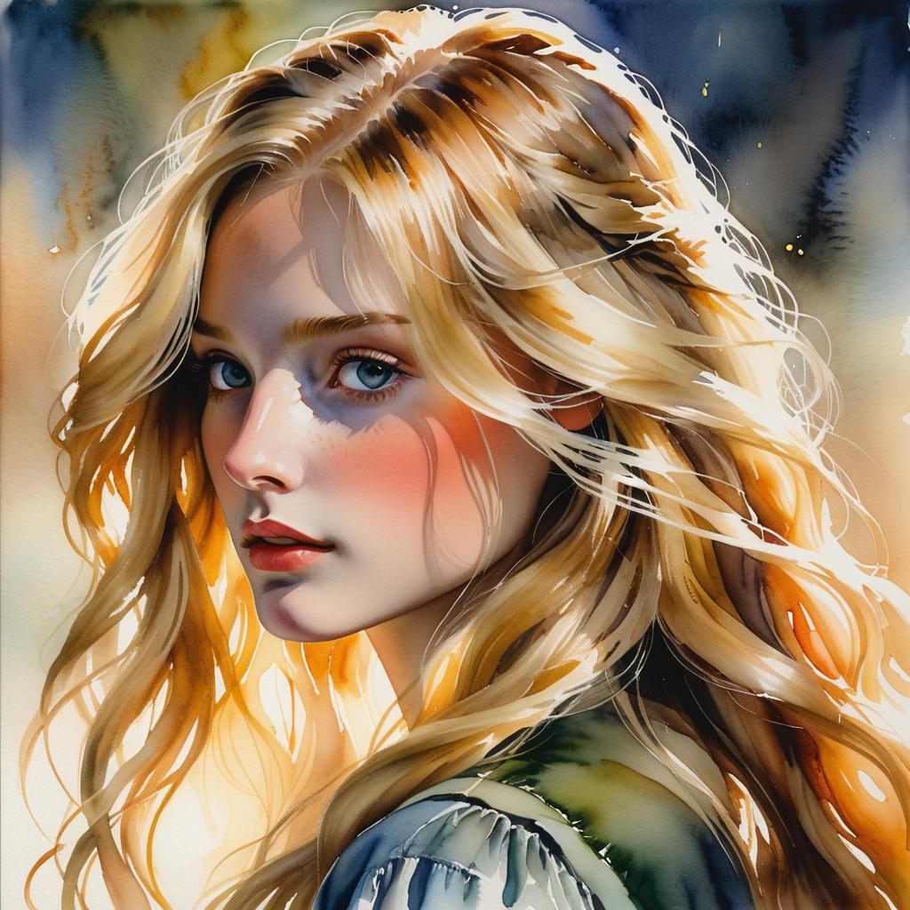 close up - portrait painting - beautiful - blonde hair - expressive