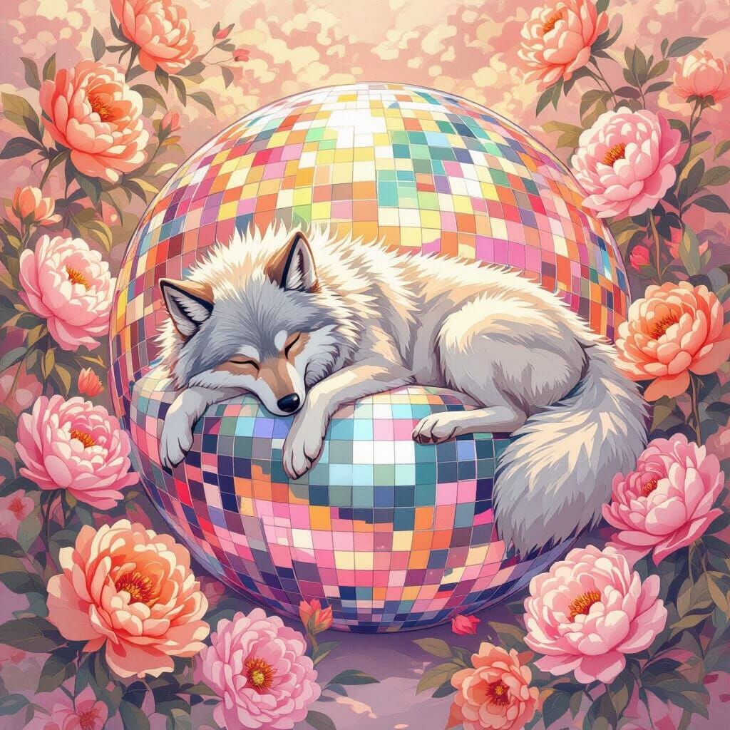 Wolf Dreams on Disco Ball in Floral Paradise