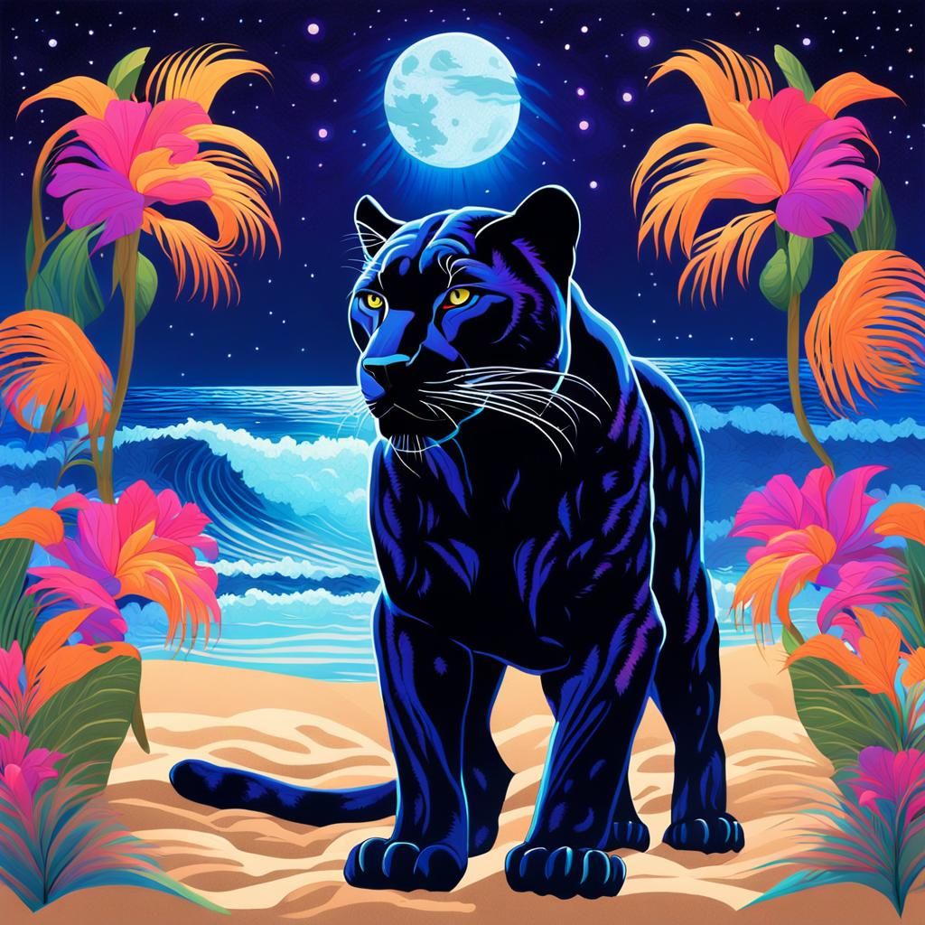 Black Panther on Astral Beach in Dreamlike Style