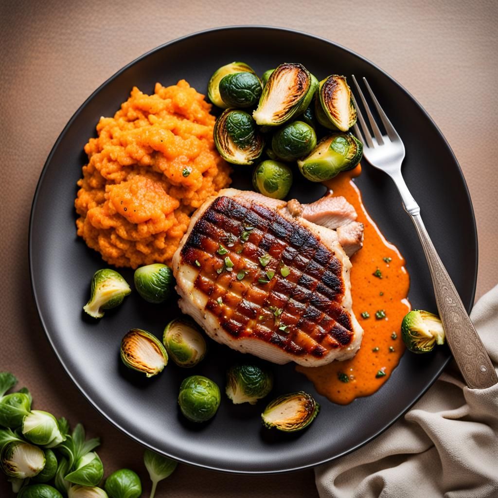 Pan-Seared Pork Chop with Brussels Sprouts and Sweet Potatoe...