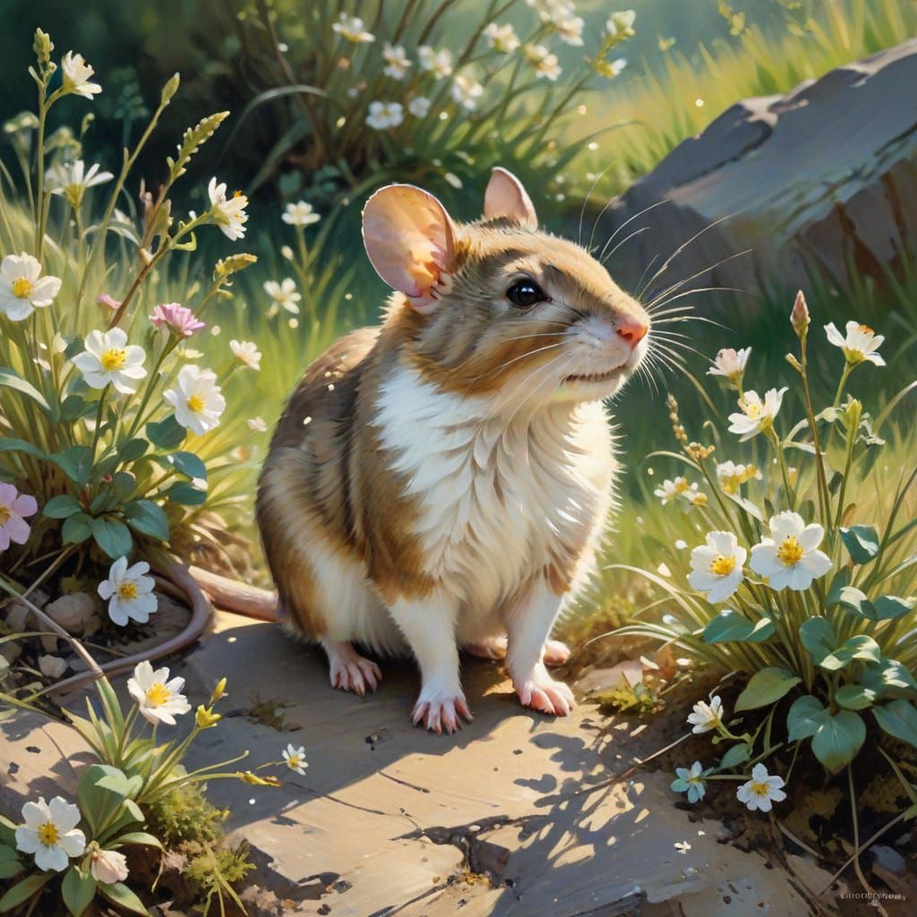 Mouse Nibbles Almond in Sunlit Prairie Watercolor