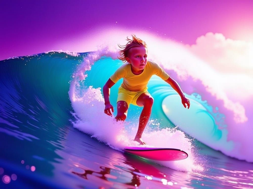 Neon-Lit Surfer Rides Pipeline in Stroboscopic Depth