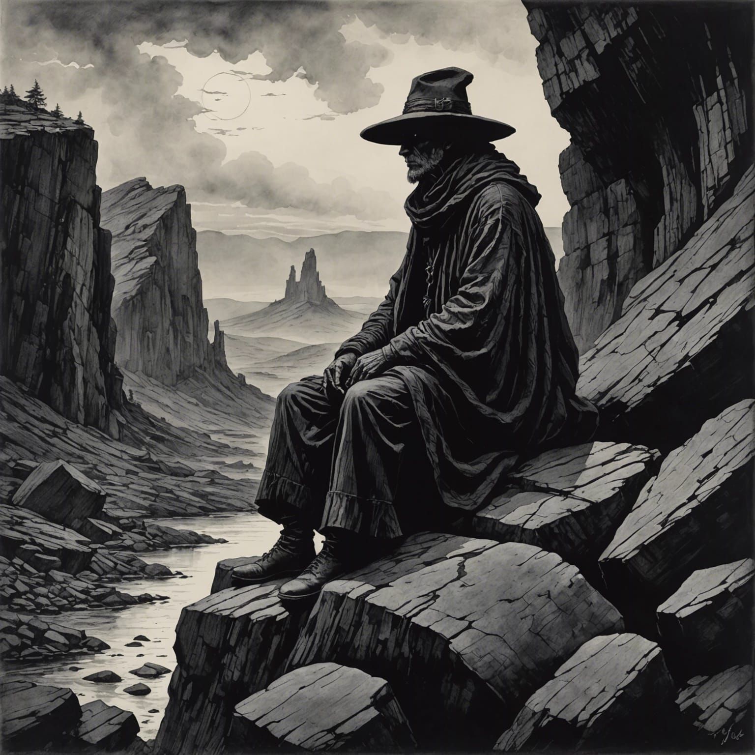 Enigmatic Figure in Pen and Ink Drawing