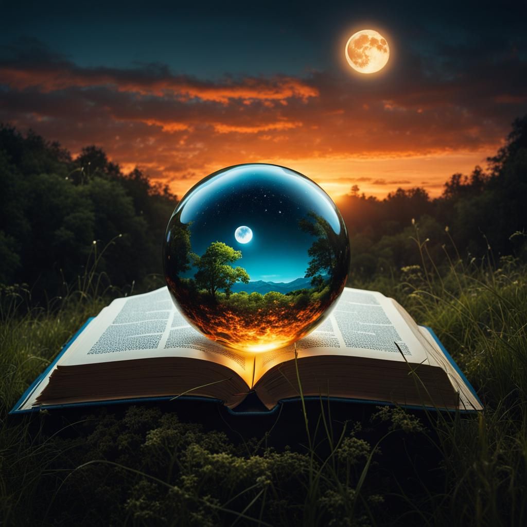 Glass Orb on Glowing Book Under Moonlight