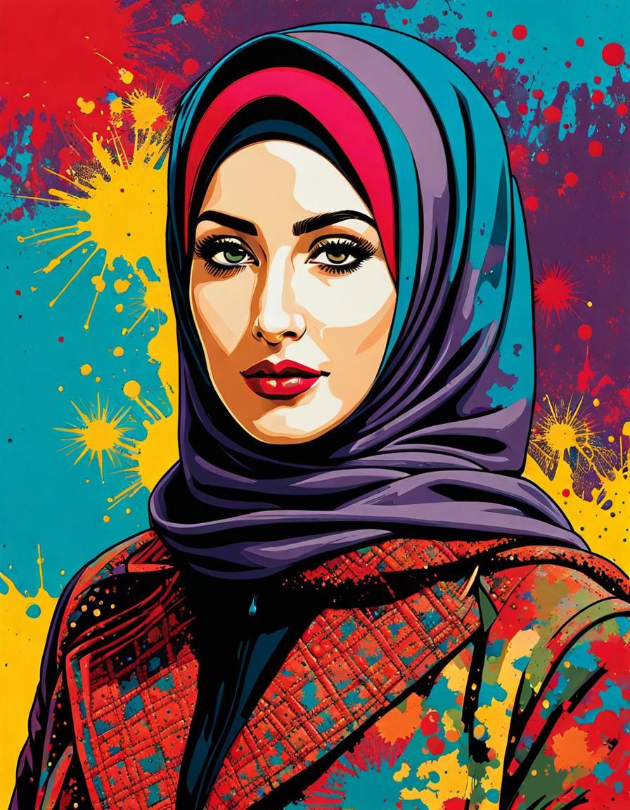 Friendly Hijabi Woman Portrait in Pop Art Style