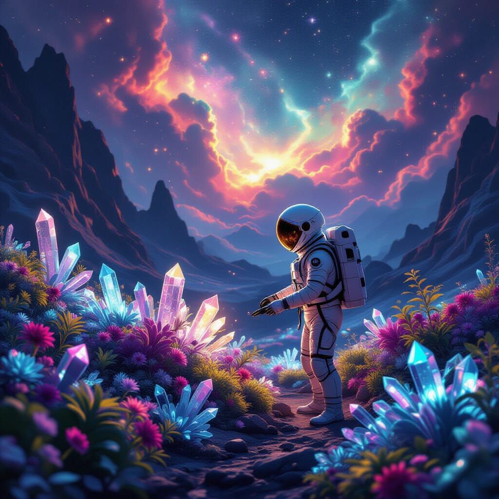 Astronaut Tends Alien Garden Under Swirling Nebulae