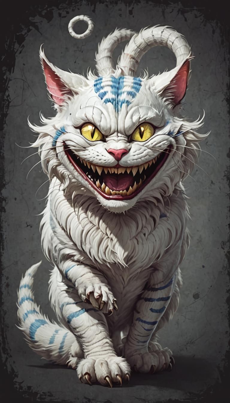 Evil White Cheshire Cat with Horns