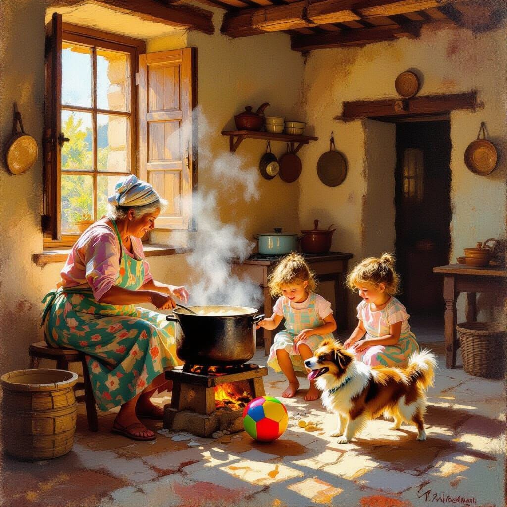 Warm Kitchen Scene: Sicilian Woman Cooking with Children and...