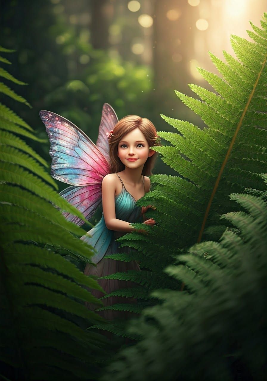 Delicate Fairy Hiding in Lush Forest, Photorealistic Style