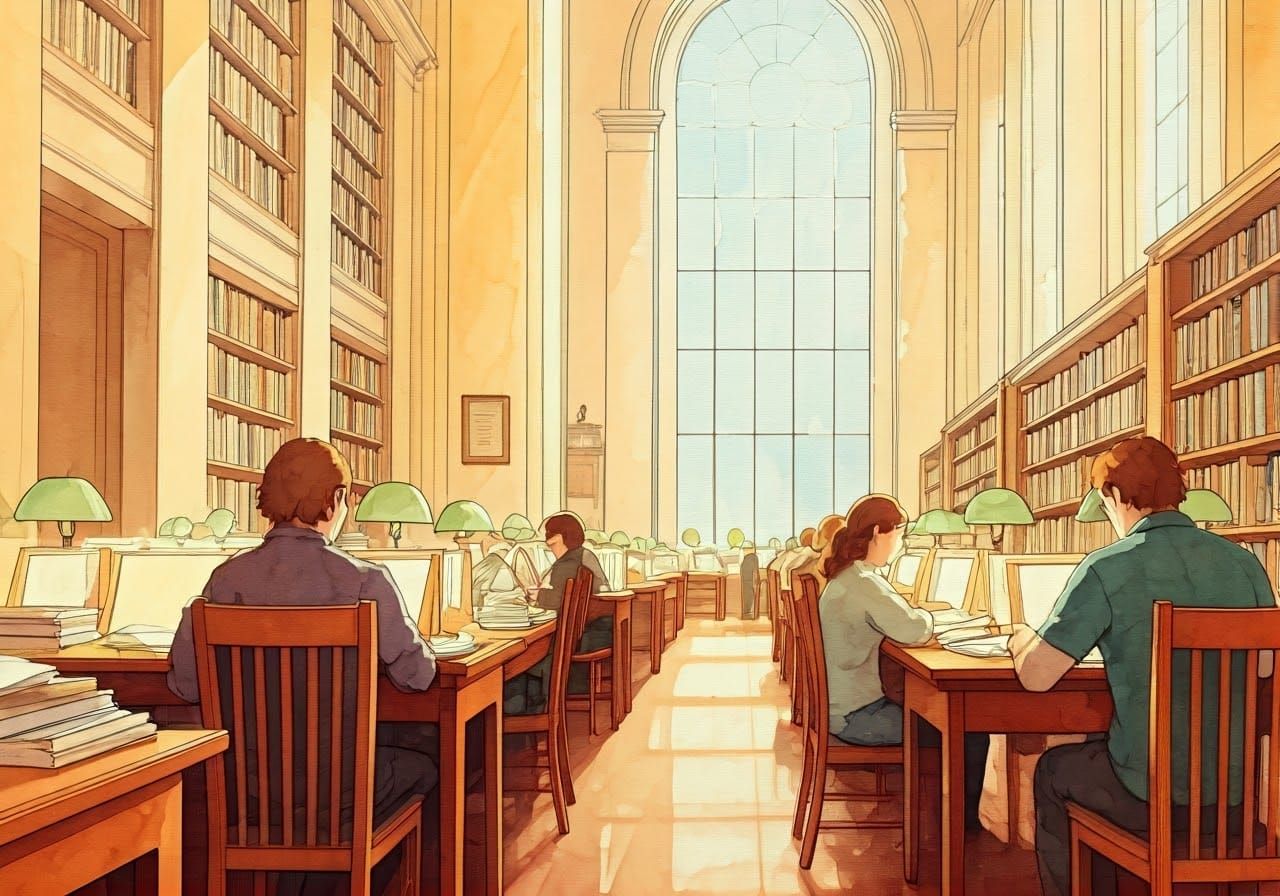 Lively Public Library Scene in Watercolor and Ink