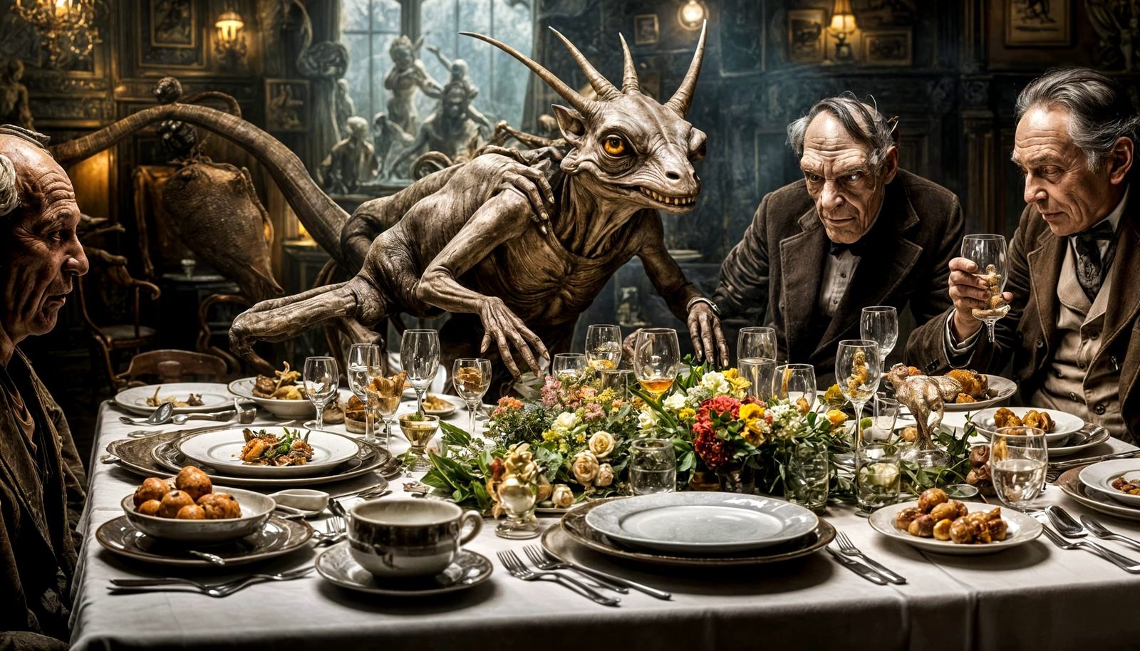 Surreal Alien Restaurant Celebration Scene