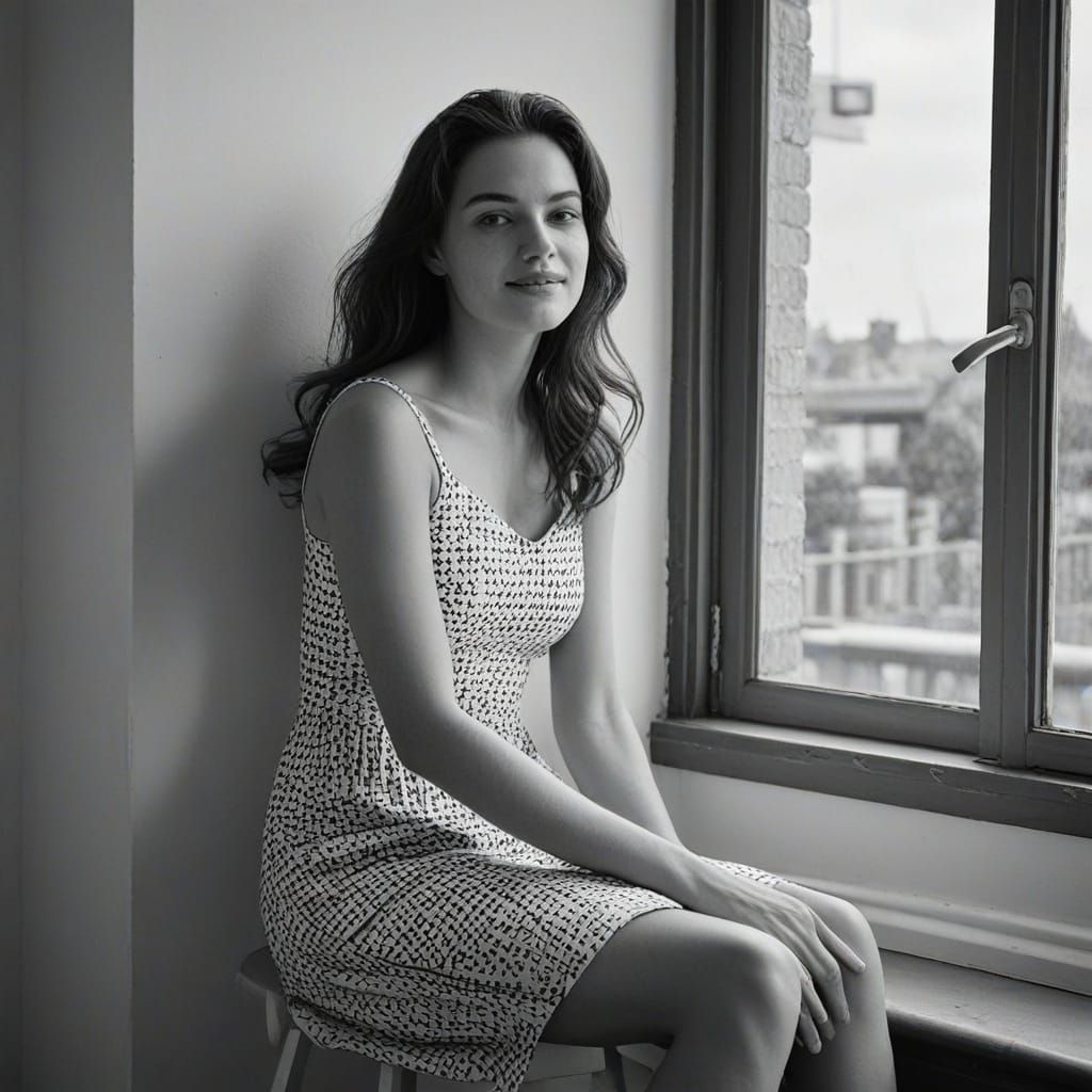 Woman on Windowsill with Digital Glitch Overlay