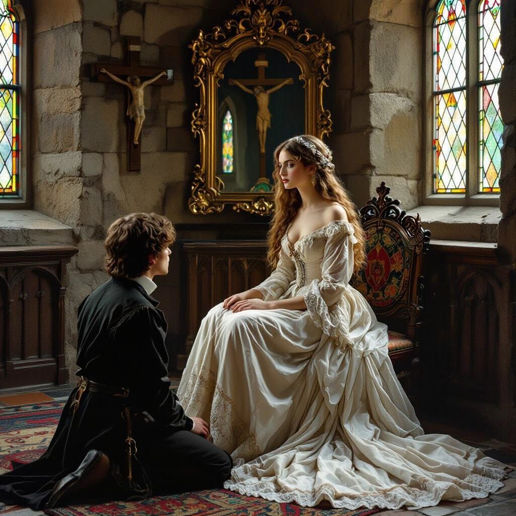 Woman in Diaphanous Gown in Medieval Room