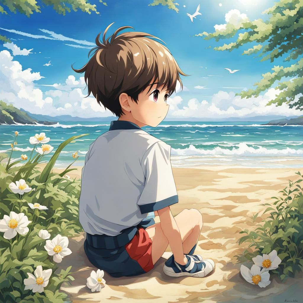 Boy on Seashore in Anime Key Visual Style