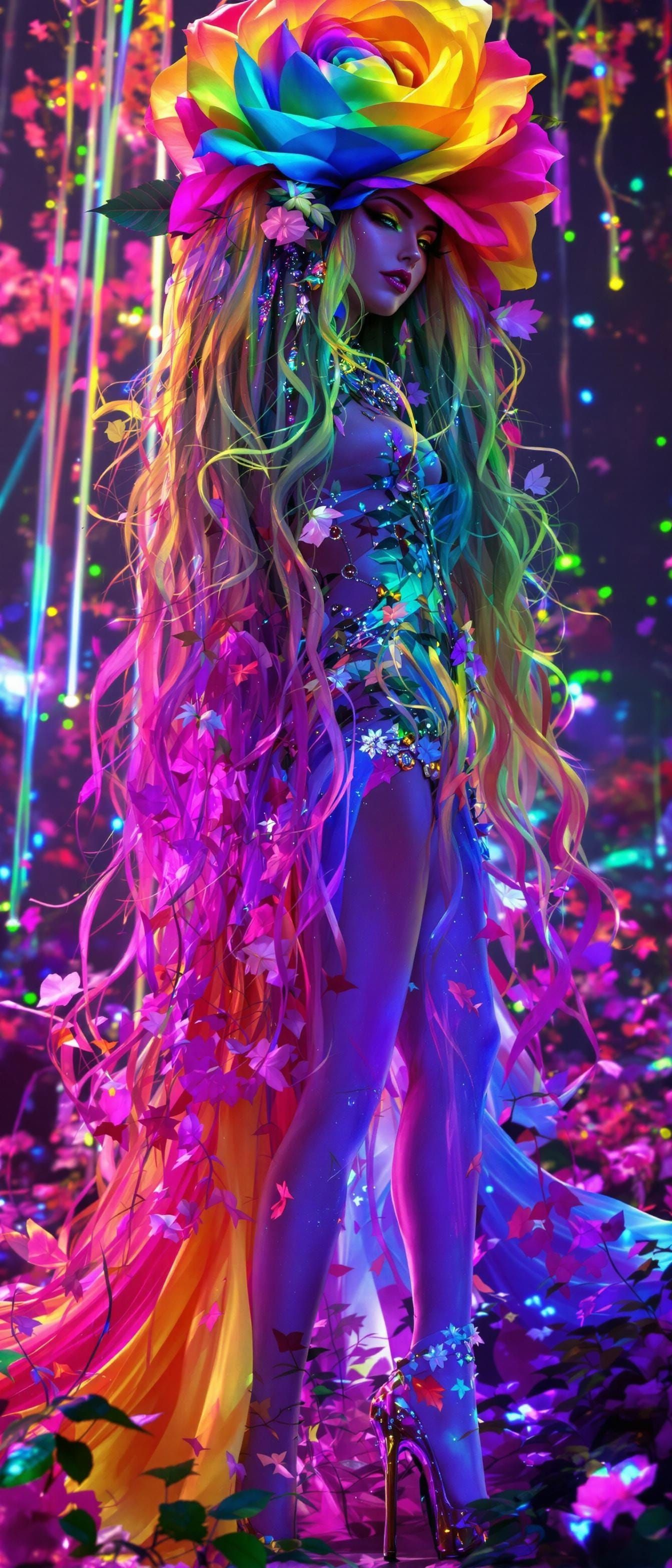 Rainbow Rose Goddess in Bioluminescent Garden