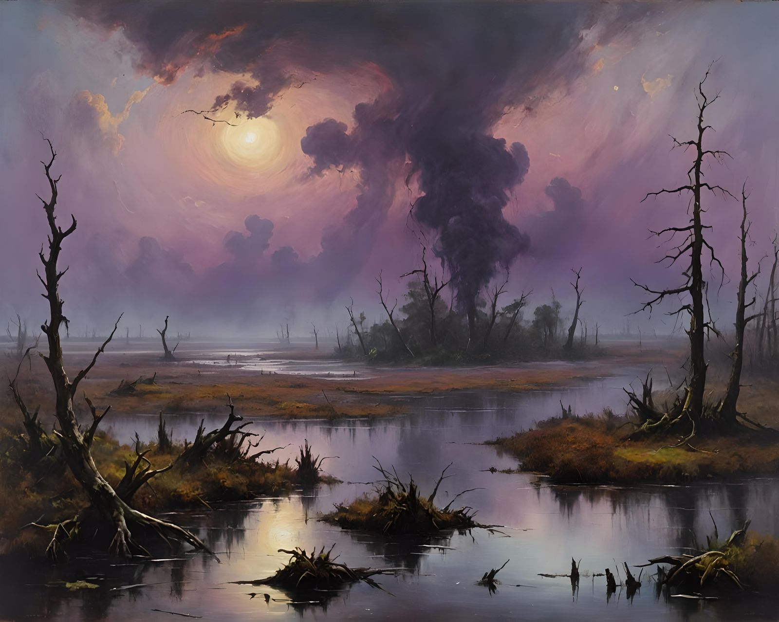 Swamp Oil Painting with Purple Mist in Tetradic Colors