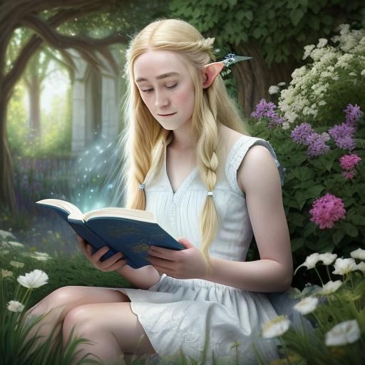 Elf Maiden Reading in Garden: Hyperrealistic Portrait