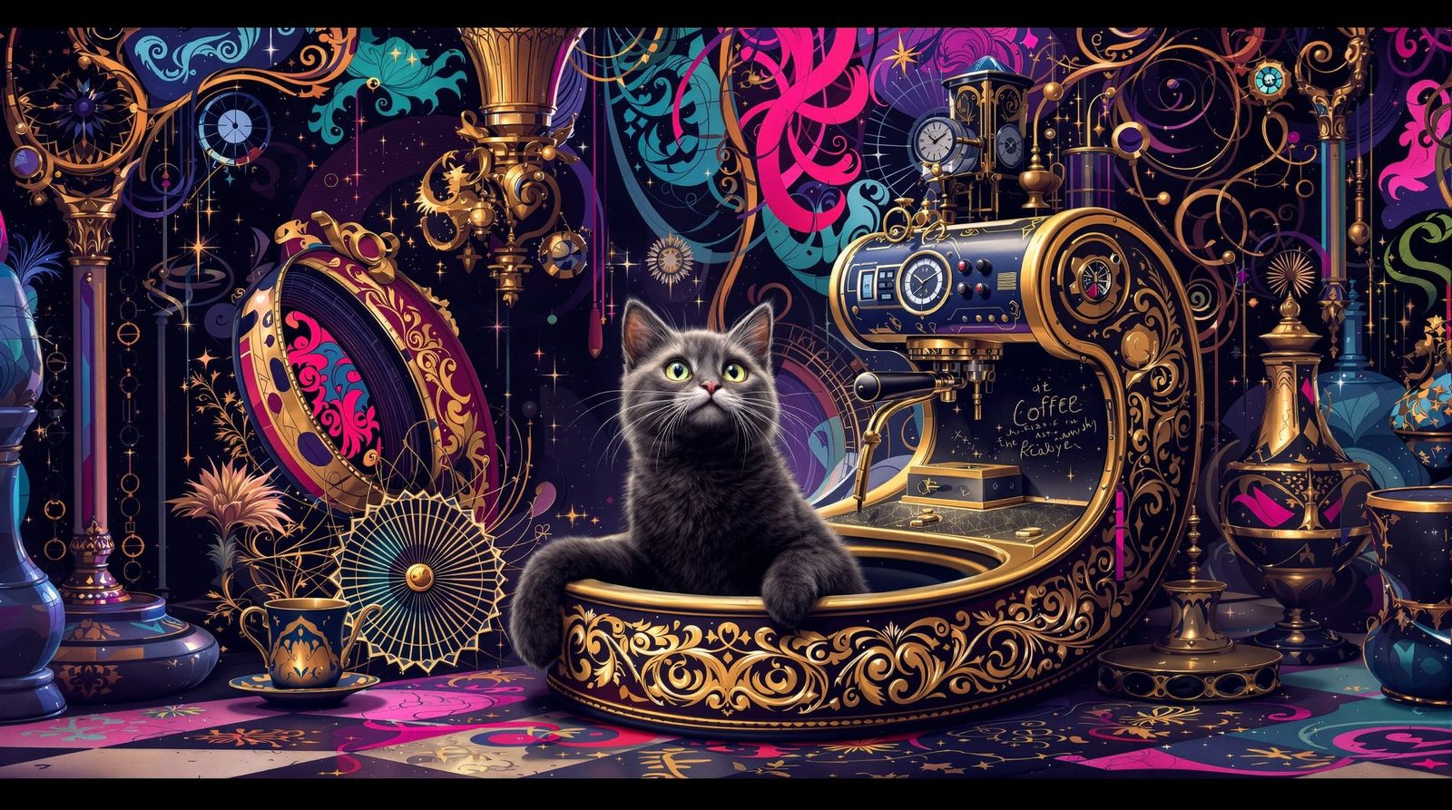 Hipster Cat in Coffee Shop: Surreal Concrete Art