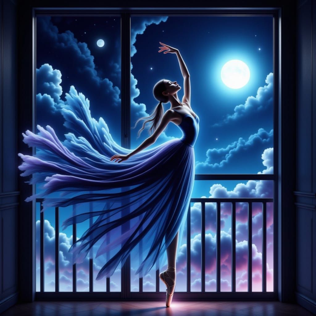 Ballerina Poses on Balcony in Electric Blue and Purple