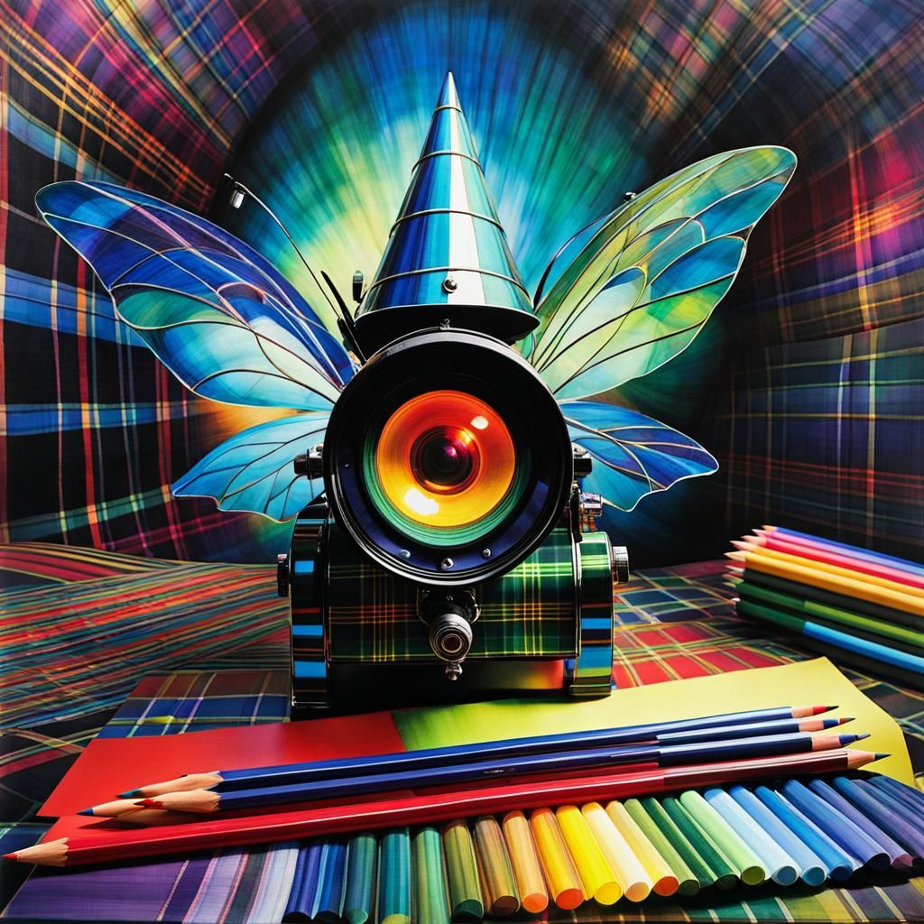 Surreal Tartan Rayograph Child's Drawing with Luminous Fairy