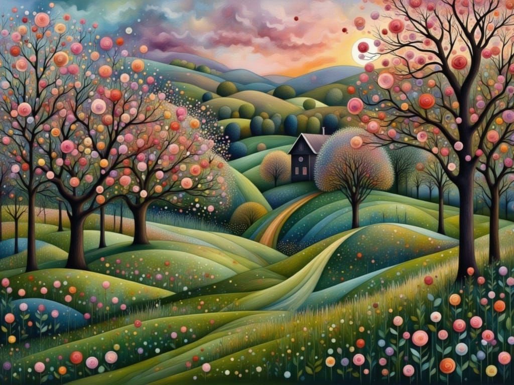 Vibrant Apple Blossom Garden in Dreamlike Evening Light