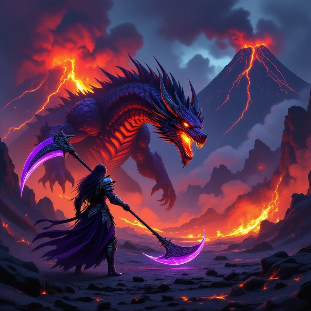 Amethyst Warrior Battles Lava Dragon in Dark Fantasy Art