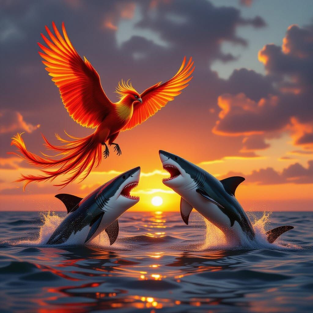 Phoenix Battles Shark in Fiery Sunset Wildlife Photography S...