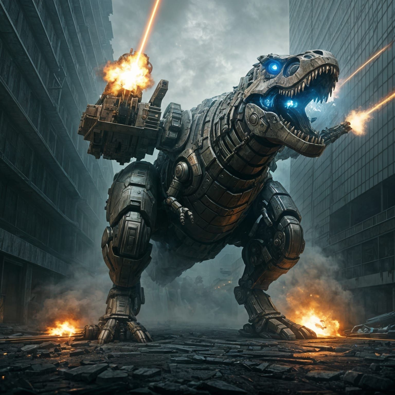 Cyberpunk Robot Battles Ancient Beast in Ruined Cityscape