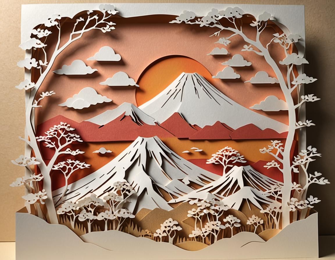 Mount Fuji Landscape in Kirigami Papercraft