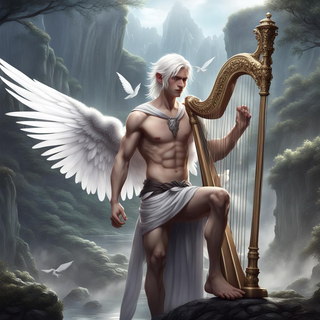 Boy Angel with Silver Harp, Detailed Matte Painting