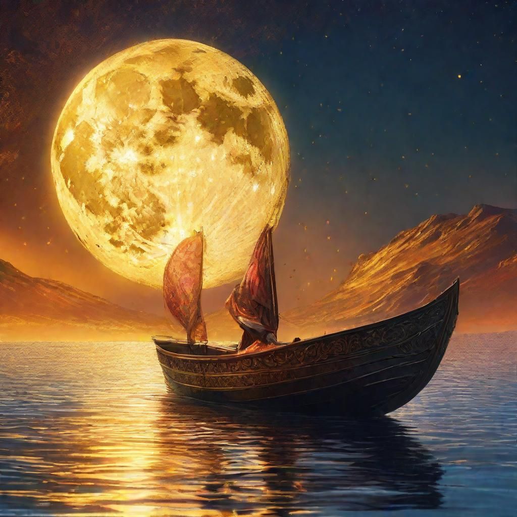 Magical Golden Moonlight on Ornate Boat: Fantasy Art