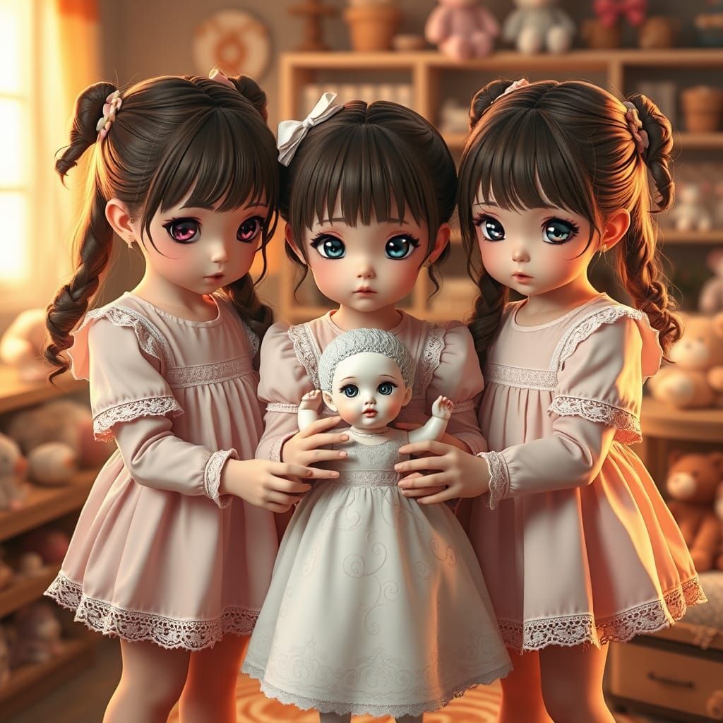 Anime Triplets Fight Over Doll in Nursery