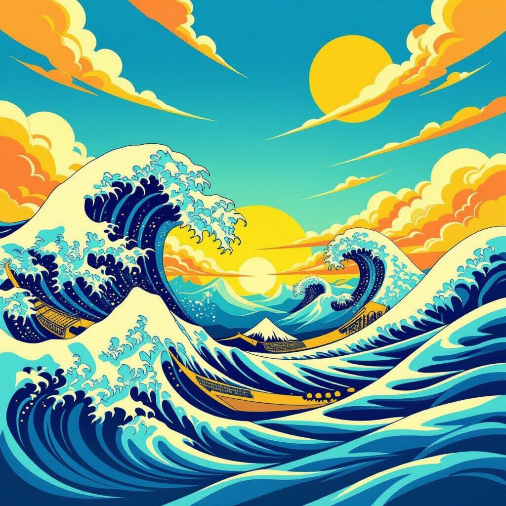 Abstract Ocean Waves and Summer Sky in Digital Art Style