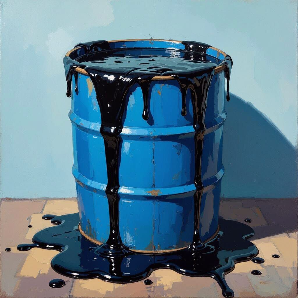 Blue Barrel Overflowing with Black Tar in Cézanne Style