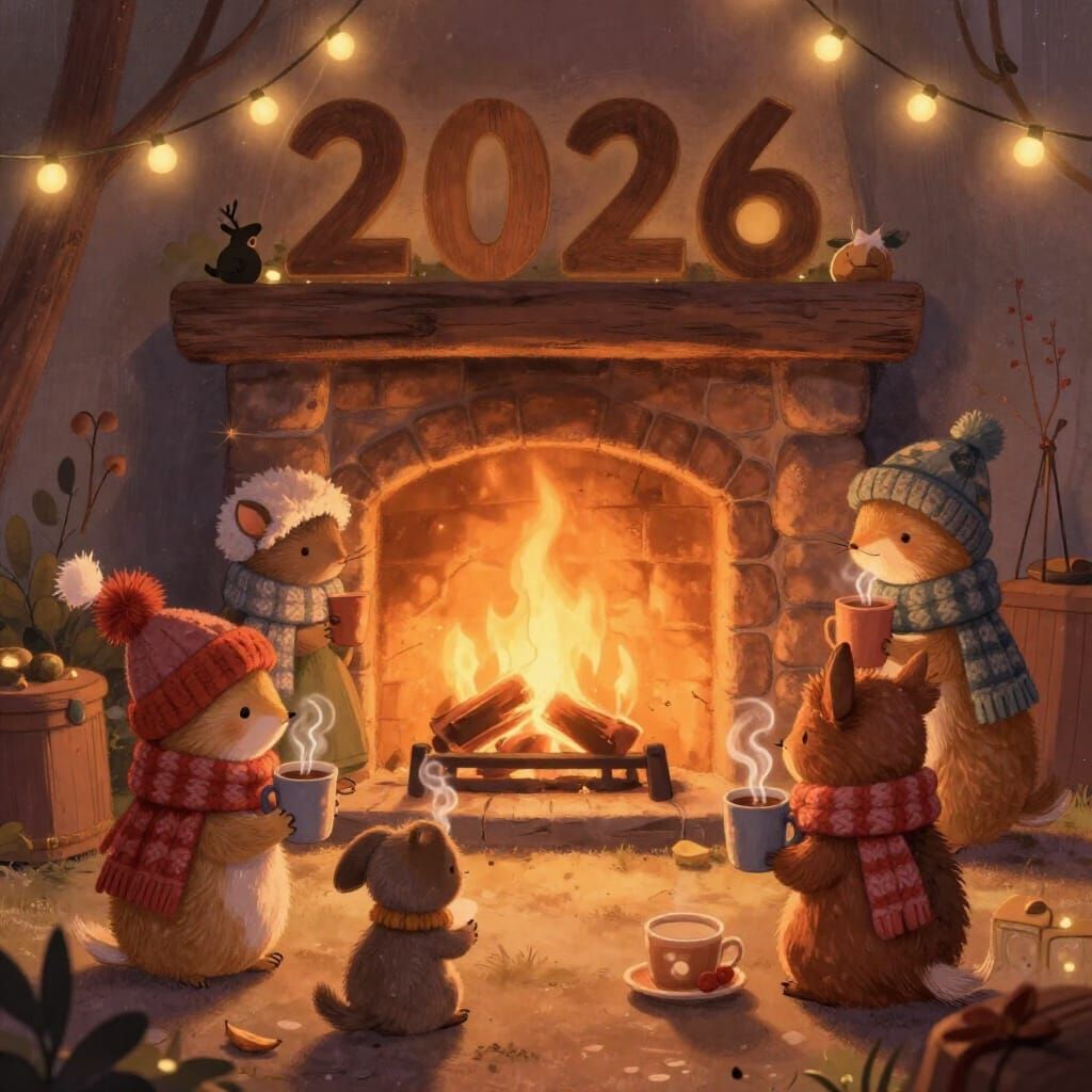 Cozy Woodland Creatures Celebrate New Year's Eve Illustratio...