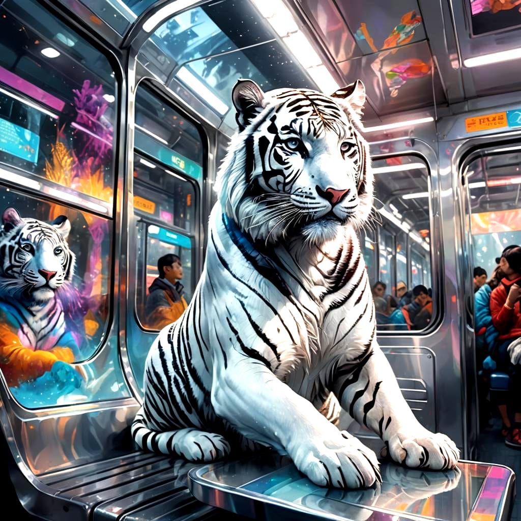 White Tiger on Subway in Detailed Matte Painting