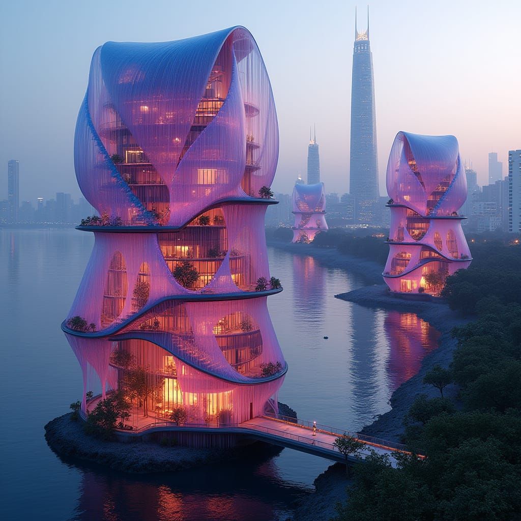 Luminous Blooms Lakeside Metropolis in Cyberpunk Aesthetic